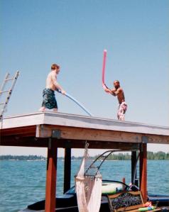 'DJ' and Drew Brokenshire, in the midst of high-impact lightsaber training.  Note the raised platform for high-altitude conditioning.